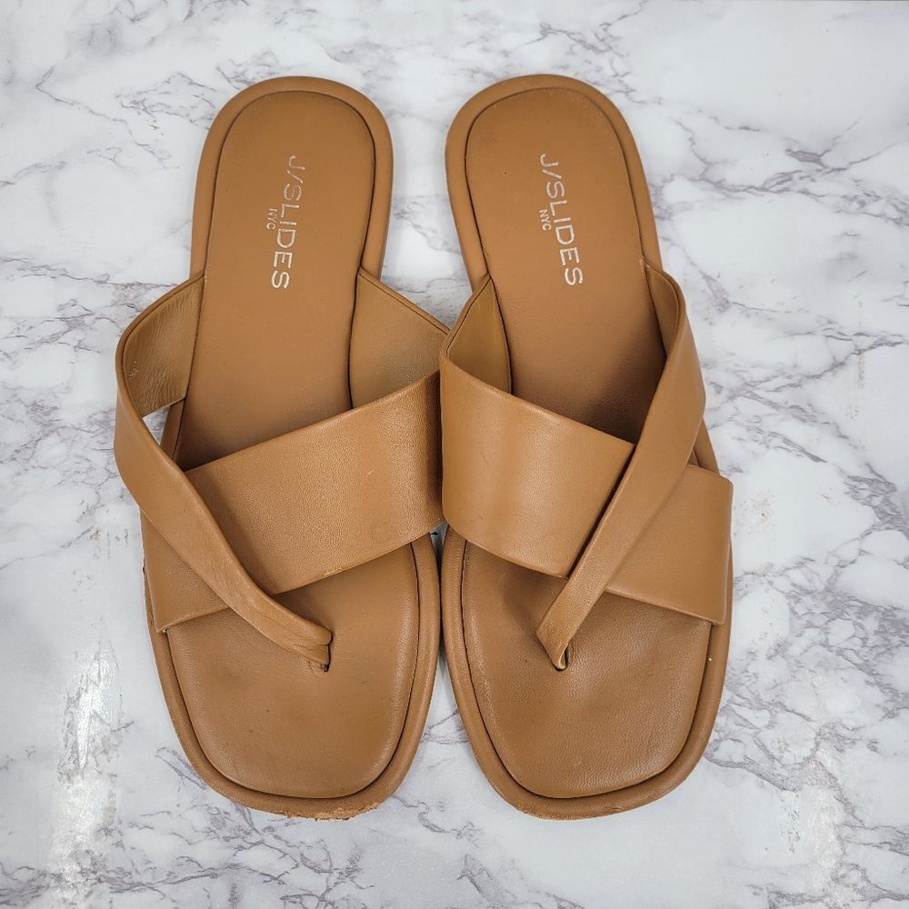 J/SLIDES Tan Leather Sandals Asymmetrical Slip-On Strappy